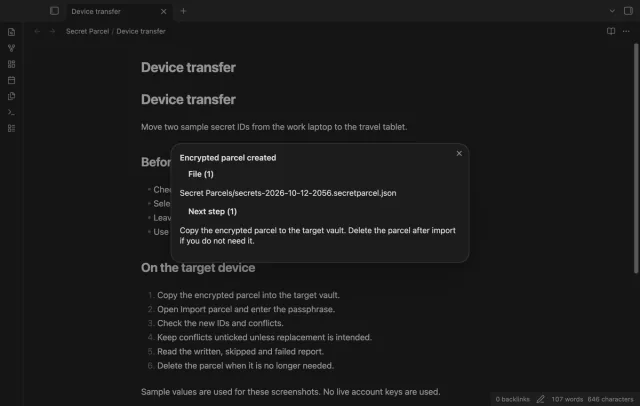 The export result shows the encrypted parcel path and transfer instructions.
