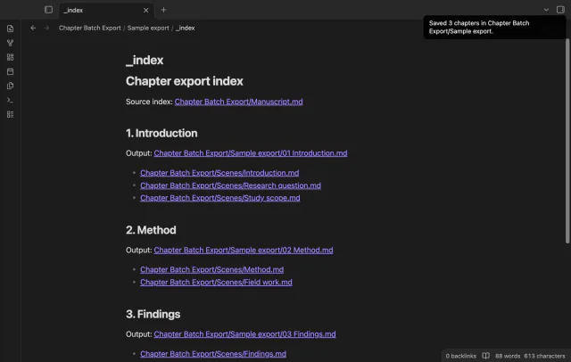 The saved index links to chapter files and source notes.