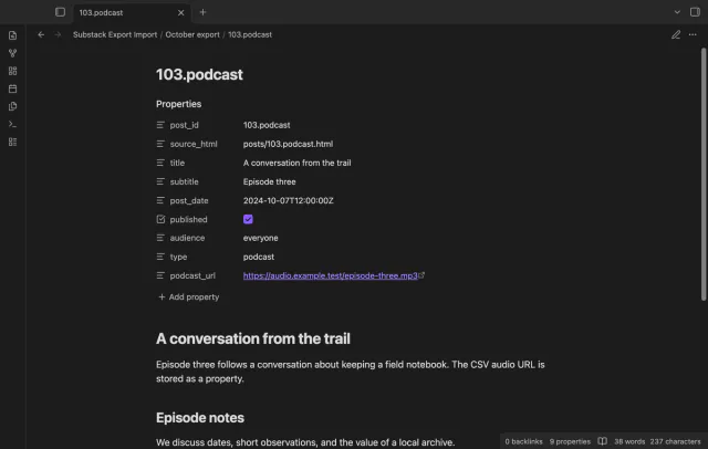 A podcast post keeps publication fields as note properties.