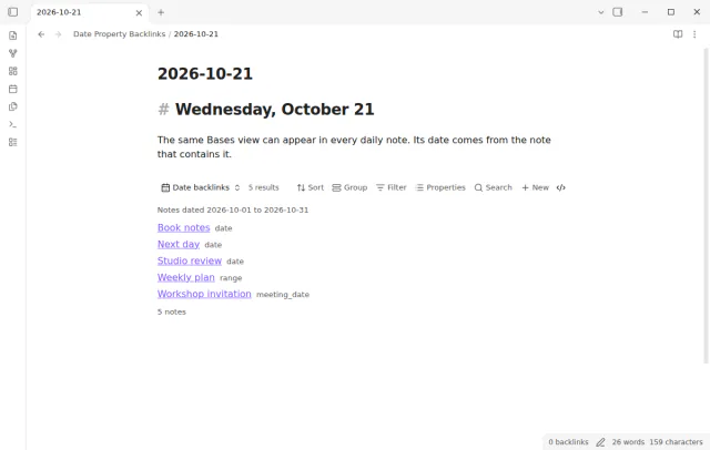 A monthly view shows exact dates, another date property and a note whose range overlaps the month.