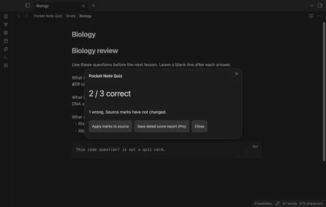 The completed biology quiz shows two correct answers out of three and the source-mark button.