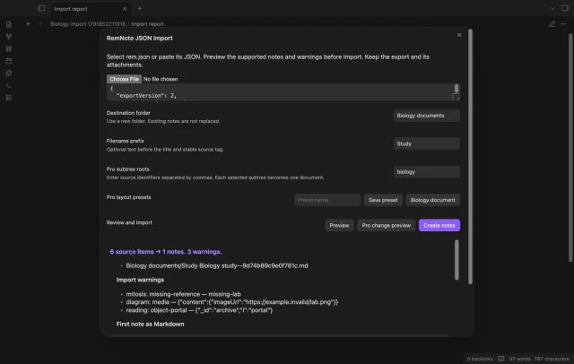 The Obsidian window shows a saved Biology document layout preset.