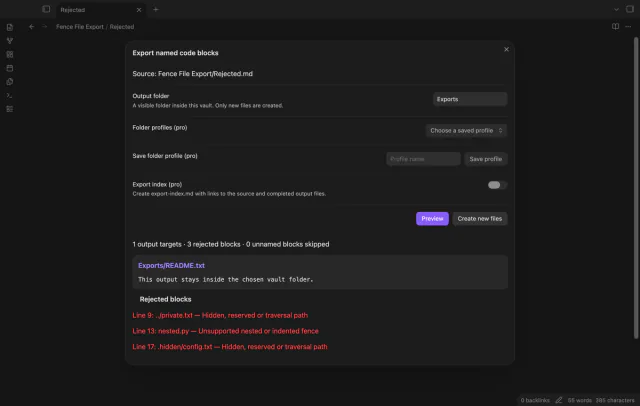 The preview lists rejected paths beside one accepted output target.