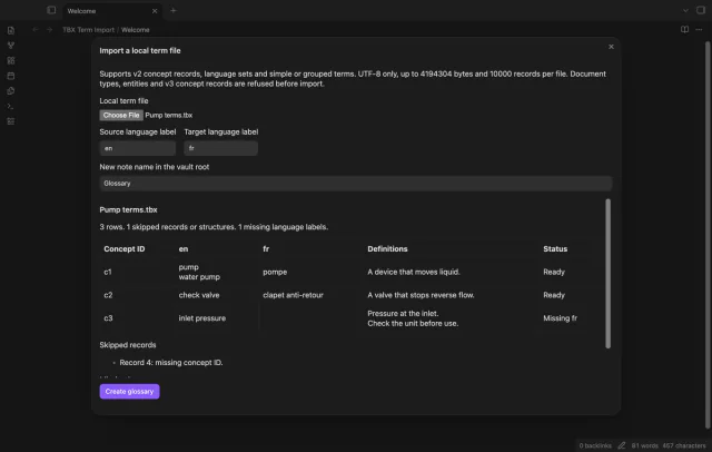 The import preview shows concept IDs, English and French terms, definitions and a missing target.