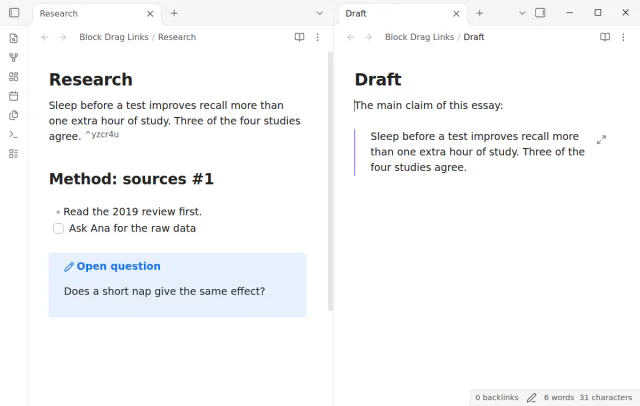 The draft shows an embed of the paragraph from the research note.