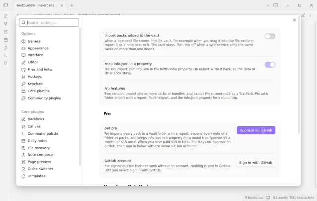 The settings tab with the auto import setting, the info.json property setting and the Pro section below them.