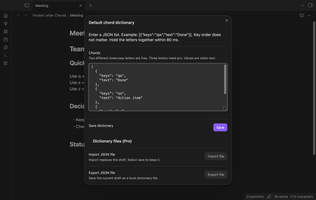 The dictionary editor contains saved letter pairs and their text values.