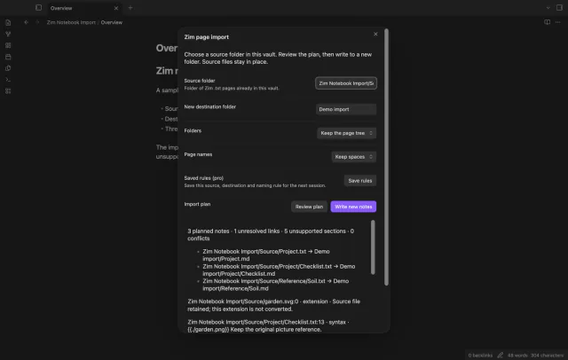 The import plan lists three garden pages with output paths and detected issues.