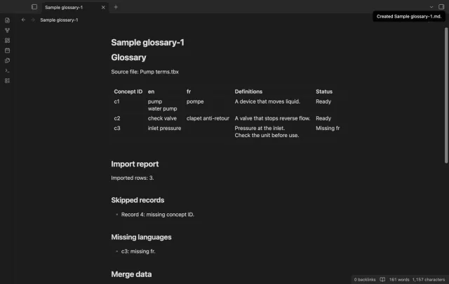 The new glossary note includes a table and an import report.