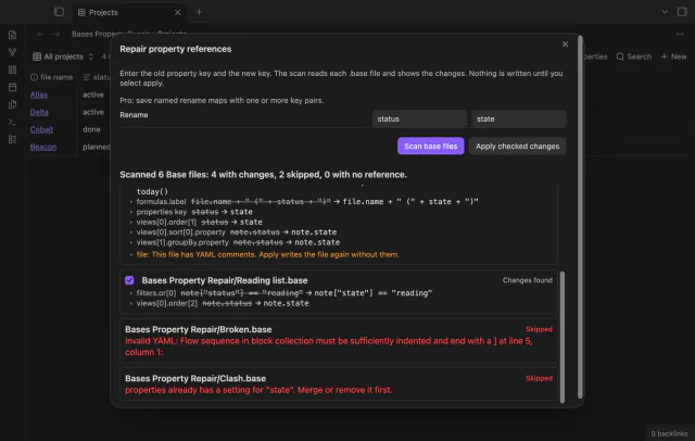 note["status"] changes in Reading list.base; an invalid YAML file and a file with a clash are skipped.