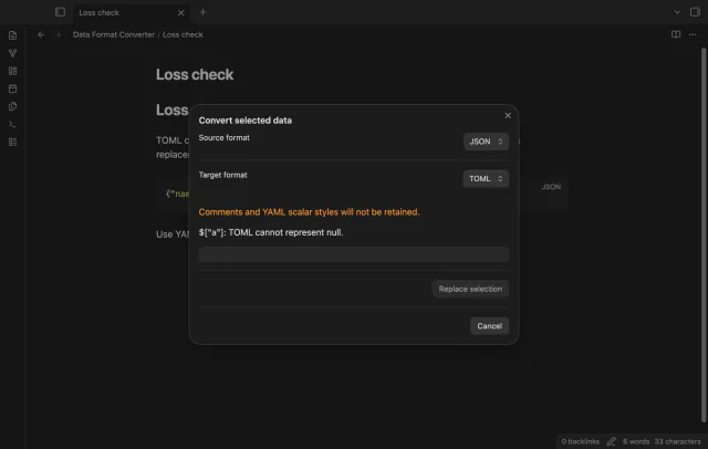 A null value stops conversion to the TOML format.