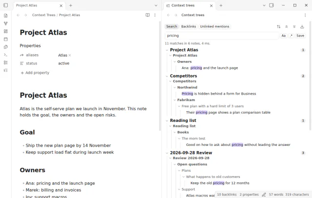 Search results shown as trees of headings and list items.