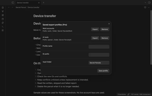 Saved profiles show sample prefixes and destination folders.