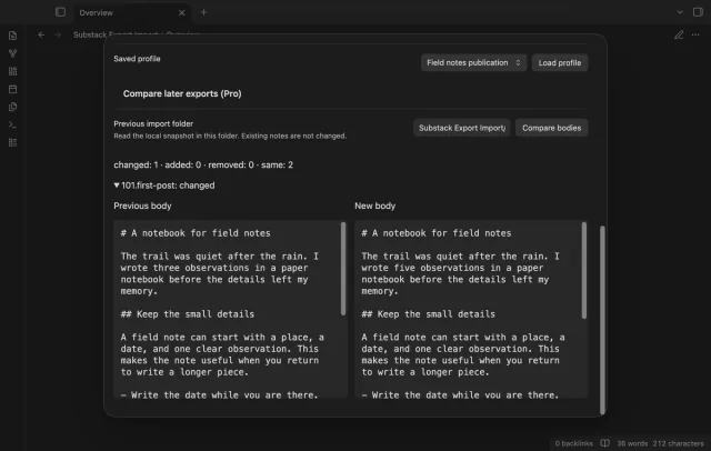 Previous and new Markdown bodies appear beside each other.