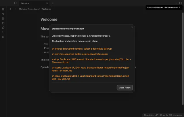 The report lists encrypted content, an unsupported editor and UUIDs already in the vault.