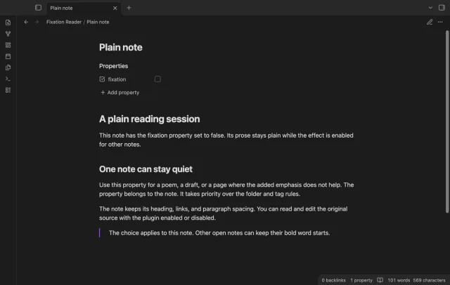 A note with its fixation checkbox off appears without the reading effect.