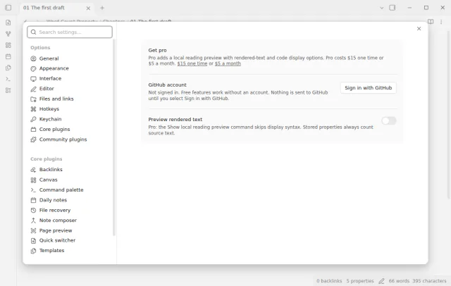 The settings page shows the rendered text options and the one-time offer link.