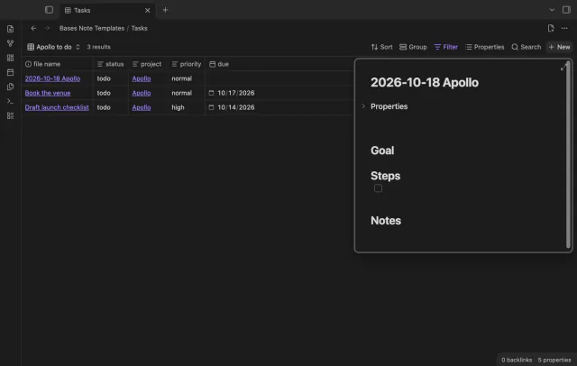 A new Tasks base row and a template with Goal, Steps and Notes headings.