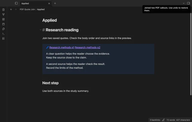The joined note callout retains both quote bodies and source page links.