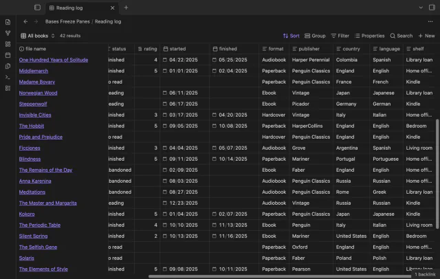 A Reading log base with its file name column fixed on the left.