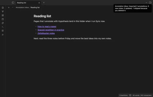 The note Reading list with a notice that says 0 new notes, 0 updated, 1 skipped because you deleted it.
