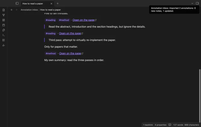 The end of the note after a resync, with a third highlight, a line the user wrote, and a notice that says 1 updated.