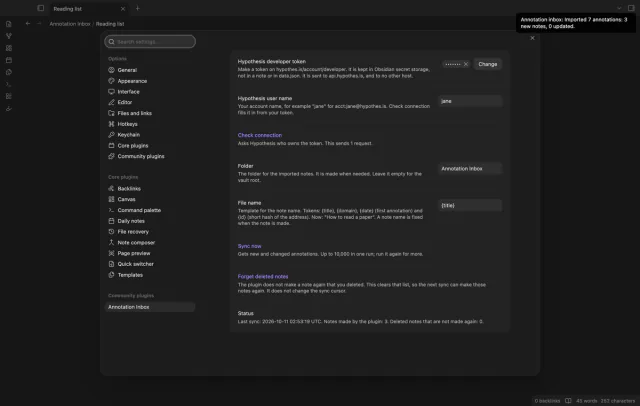 The settings tab with the token, user name, Check connection, folder, file name, Sync now, Forget deleted notes and the status line.