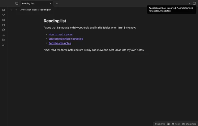 The note Reading list with three links and a notice that says Imported 7 annotations, 3 new notes, 0 updated.