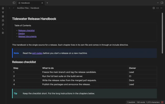 The rendered preview of a handbook with a table of contents, a note, a table and a tip.