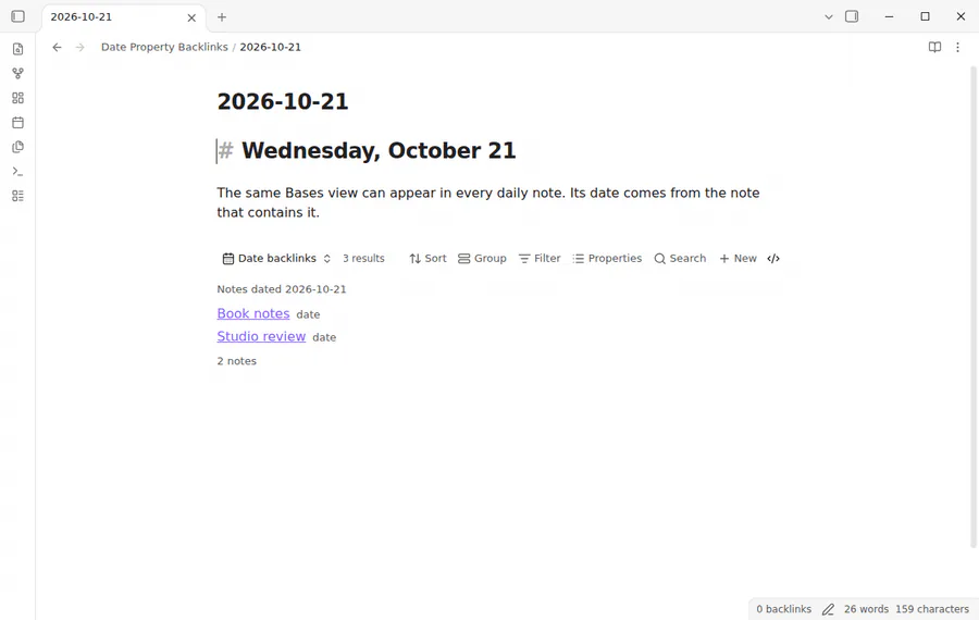 The shared view shows other matching notes when the daily note changes.