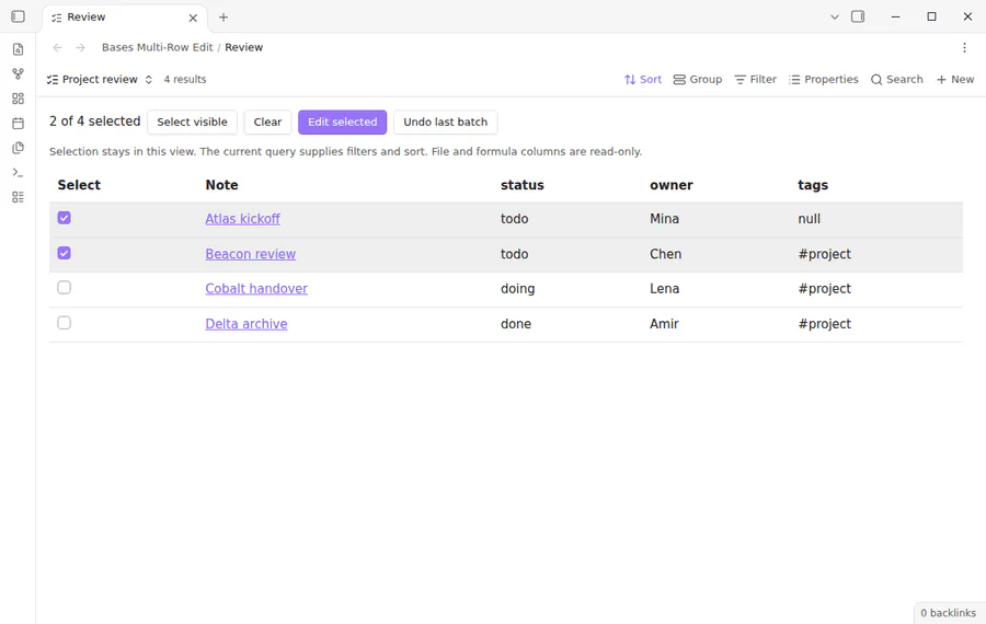 Select rows, preview an edit, apply it, and undo