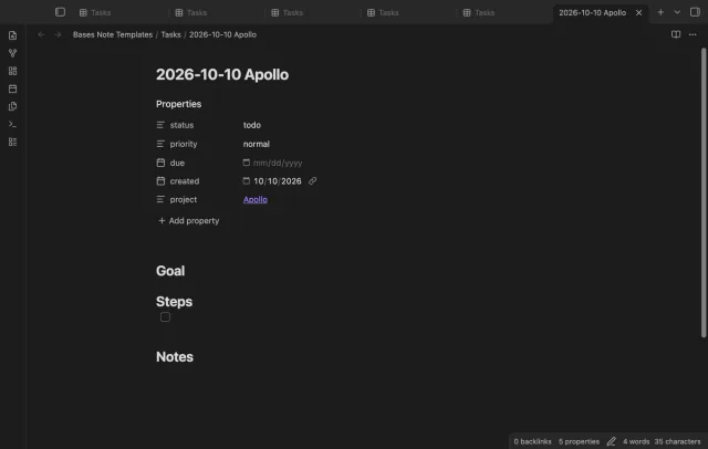 A new note with status and project from the view filters, priority from the template and the template headings.