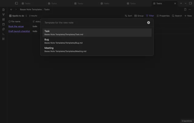 A list titled Template for the new note with the choices Task, Bug and Meeting.