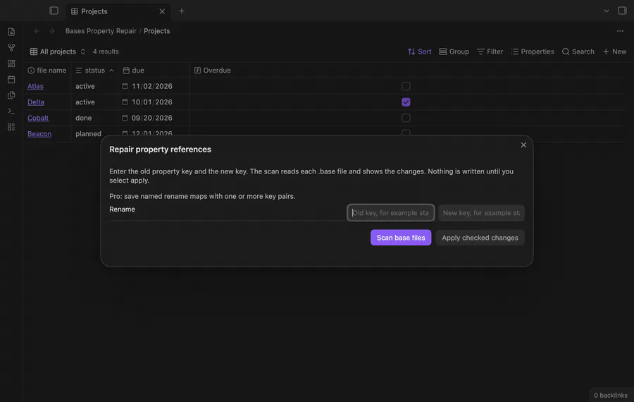 The repair modal: enter status and state, scan the Base files, look at the preview, then apply