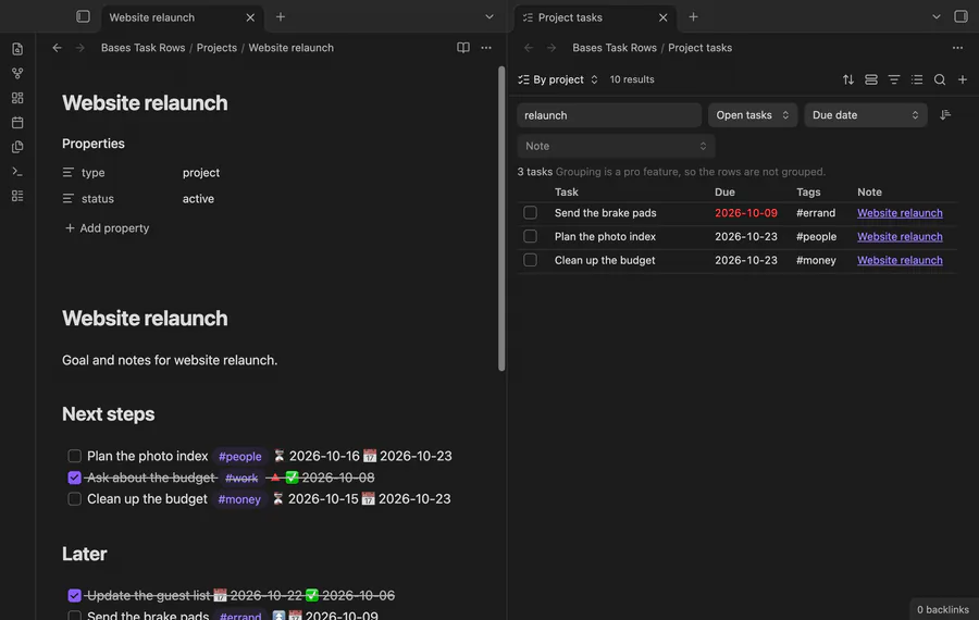 Ticking two tasks in the Task rows view, and the source note shows the x and the done date