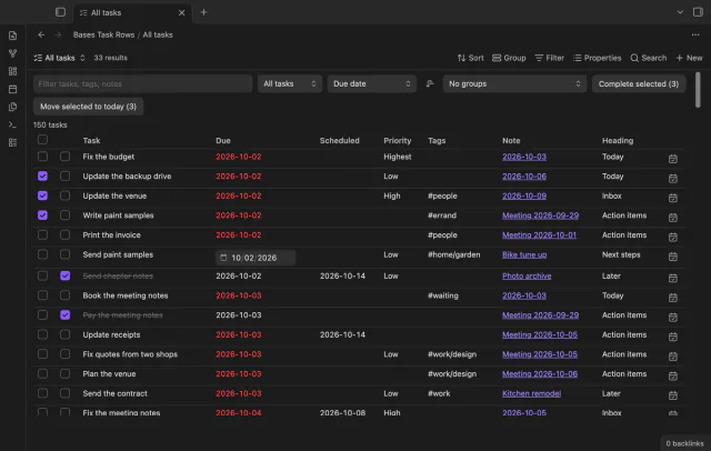 Three selected rows, the Complete selected and Move selected to today buttons, and a date picker open in a due cell.