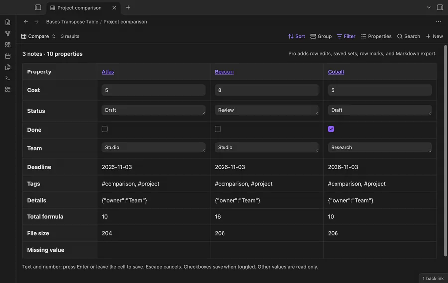 Open a comparison, enter a draft and show row marks