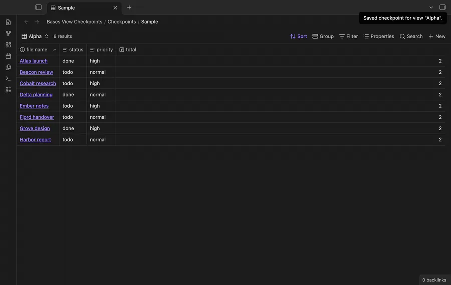 Save a checkpoint of view Alpha, change its sort and formula, restore, and confirm the preview