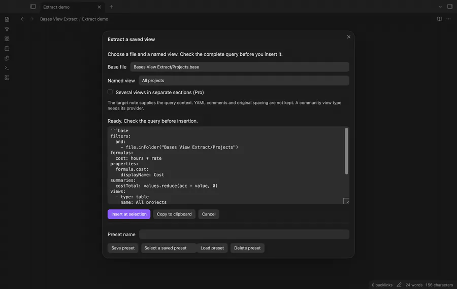 Choose a saved view, check its YAML and insert it in a weekly review