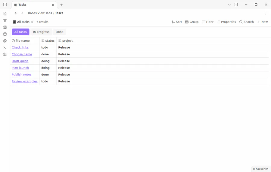 Selecting the In progress tab and then the Done tab changes the task rows.