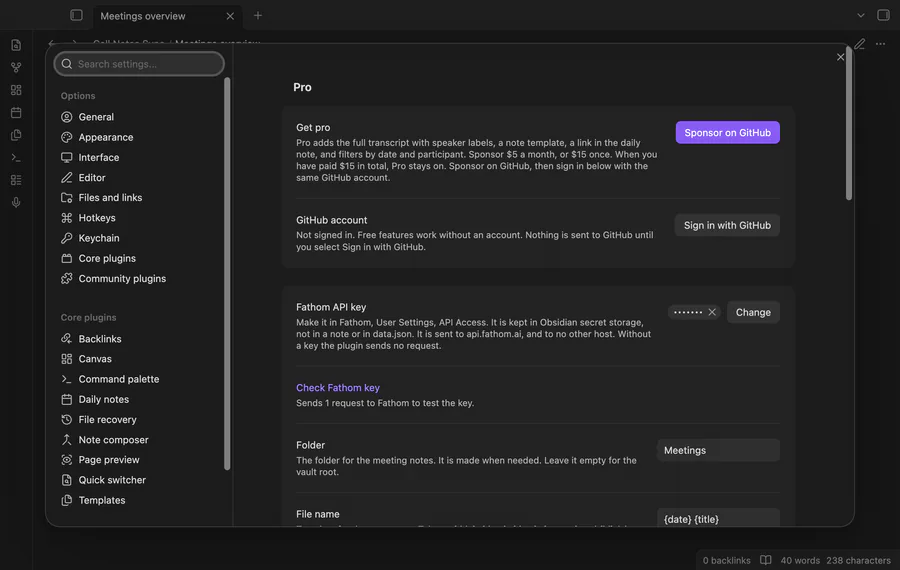 The settings with a saved Fathom API key, then a sync that reports 5 new notes. Next come two meeting notes with properties and a summary, and a sync that skips one deleted note.