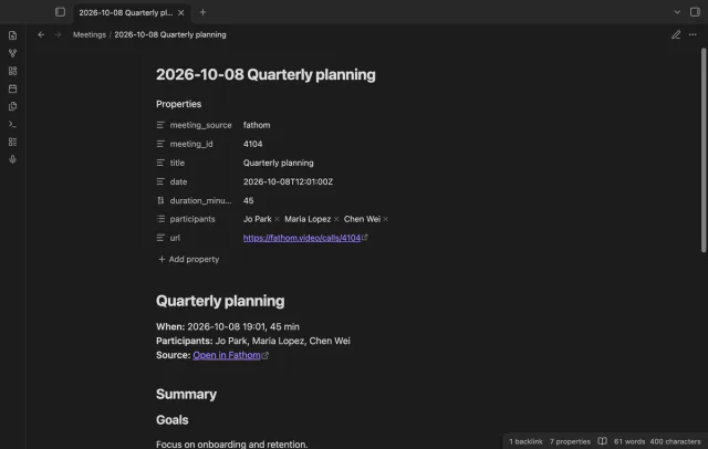 The note 2026-10-08 Quarterly planning with seven properties and a summary whose Goals heading sits below the Summary heading.