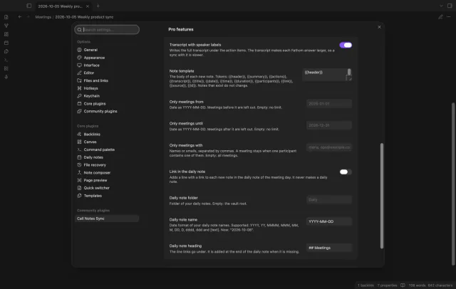 The Pro settings with the transcript switch, the note template, two date filters, the participant filter and the daily note link.