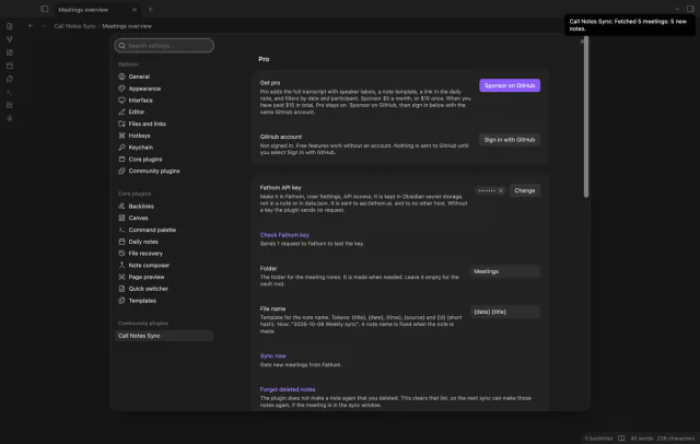 The settings tab with the Pro block, the Fathom API key, Check Fathom key, Folder, File name, Sync now and Forget deleted notes.