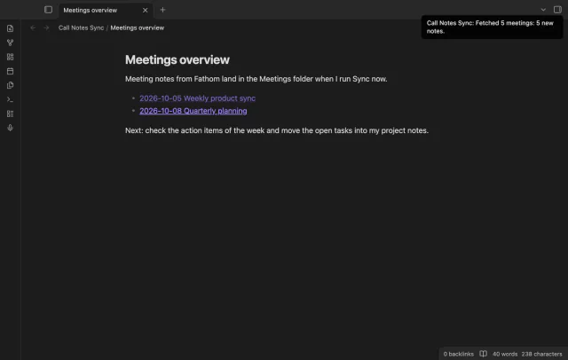 The note Meetings overview with a notice that says Fetched 5 meetings, 5 new notes.