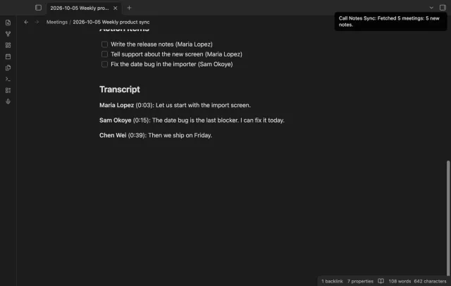 The note Weekly product sync with three open tasks and a transcript of three paragraphs, each with a speaker name and a time.