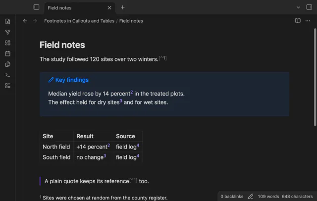 Live Preview of a note where the references in a callout and in a table show as raised numbers 2, 3 and 4.