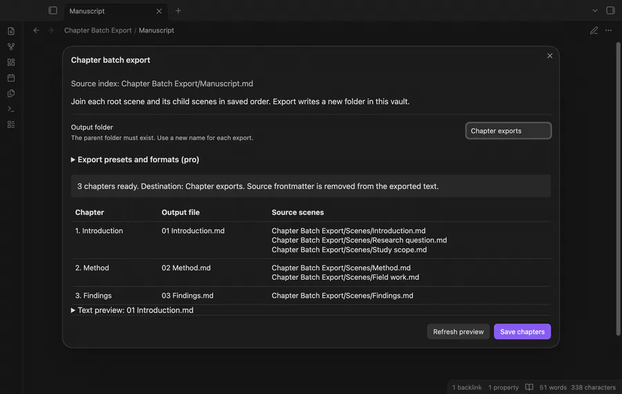 Preview three chapters, inspect joined text and open the export index.