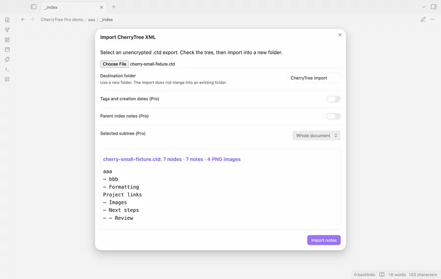 Preview a CherryTree document and open its imported notes.