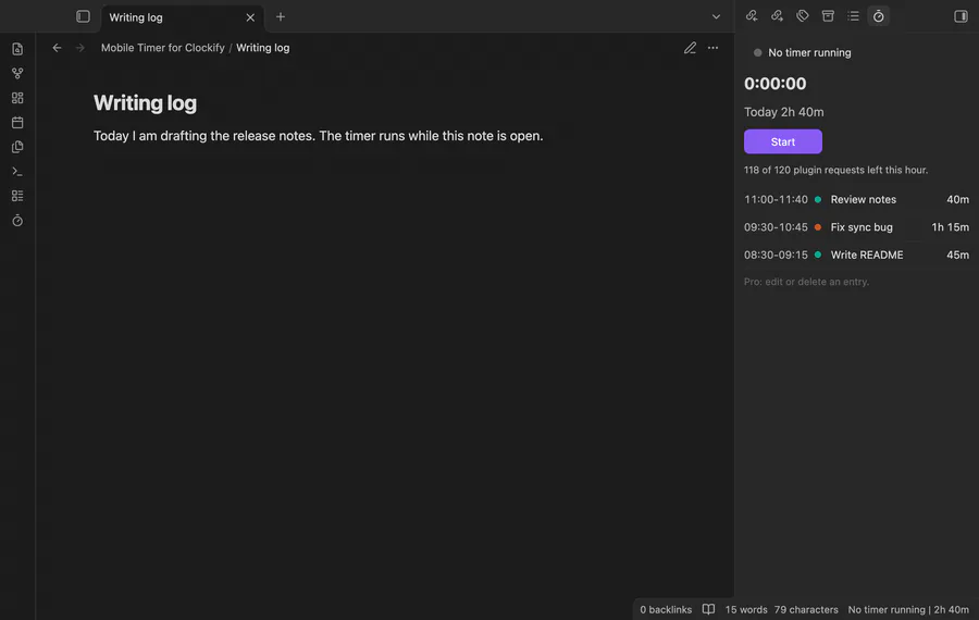 A desktop window where the timer panel shows no timer running. The Start timer window opens with the description Writing log. A timer then runs at 0:27:14, and after the stop the panel lists four finished entries.